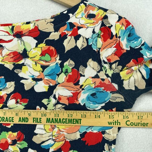 LAUREN RALPH LAUREN Top M Ribbed Floral Boat Neck Cuffed Sleeve Blue - Picture 10 of 12